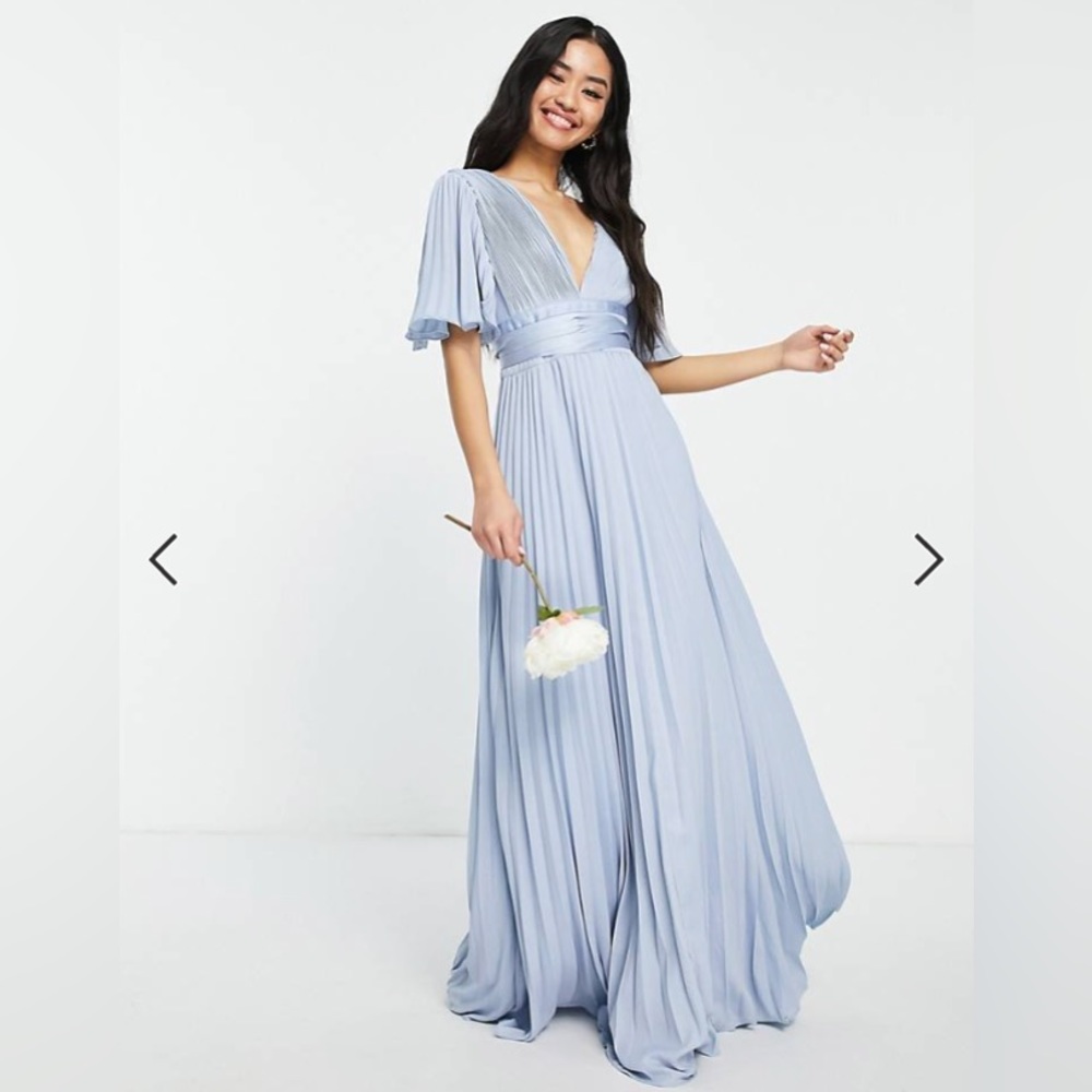 ASOS Baby Blue Bridesmaid Maxi Dress Pleated Flutter Sleeves + Satin Waist Wrap